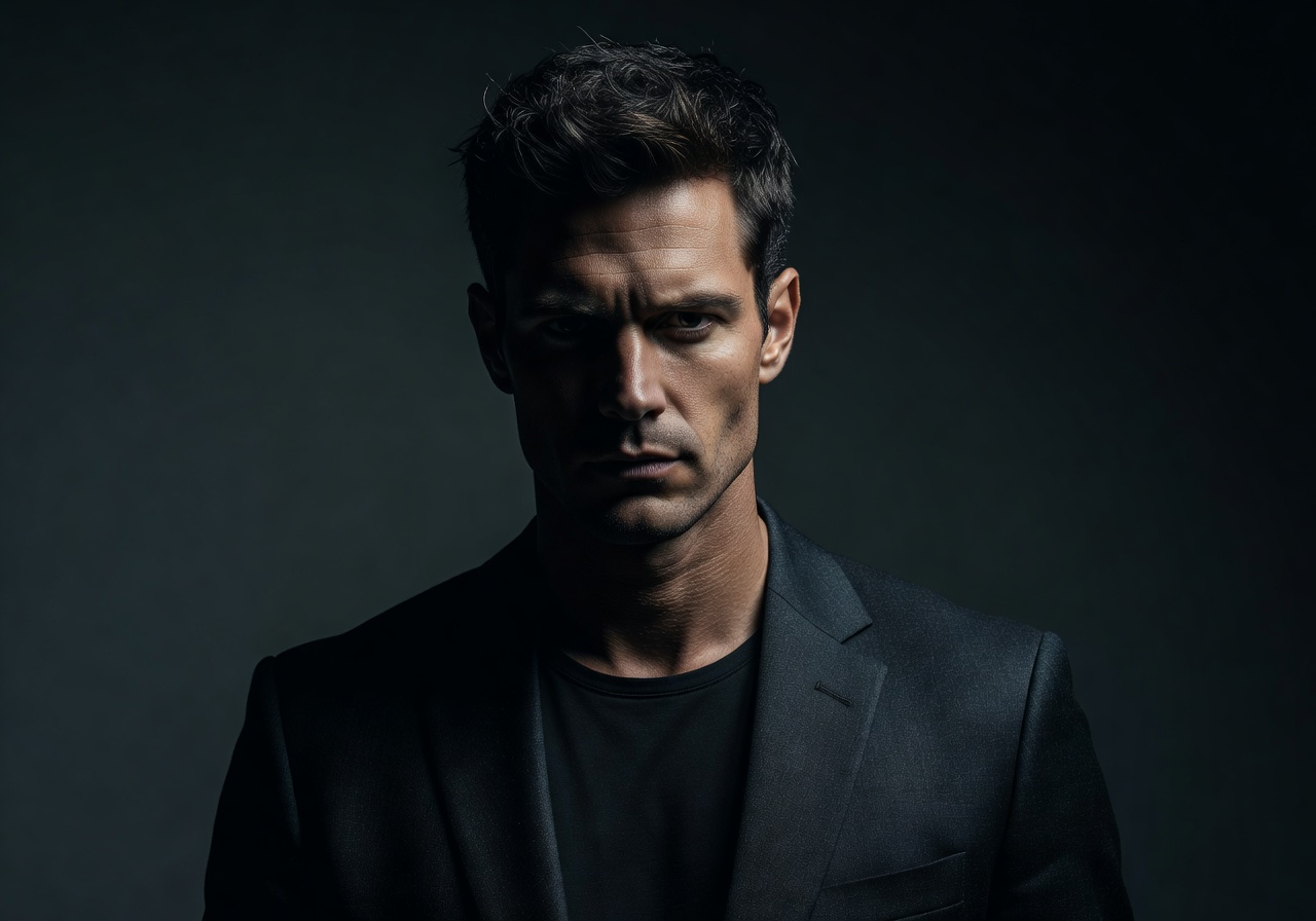 Cinematic editorial portrait of a man in dramatic low-key lighting with deep shadows