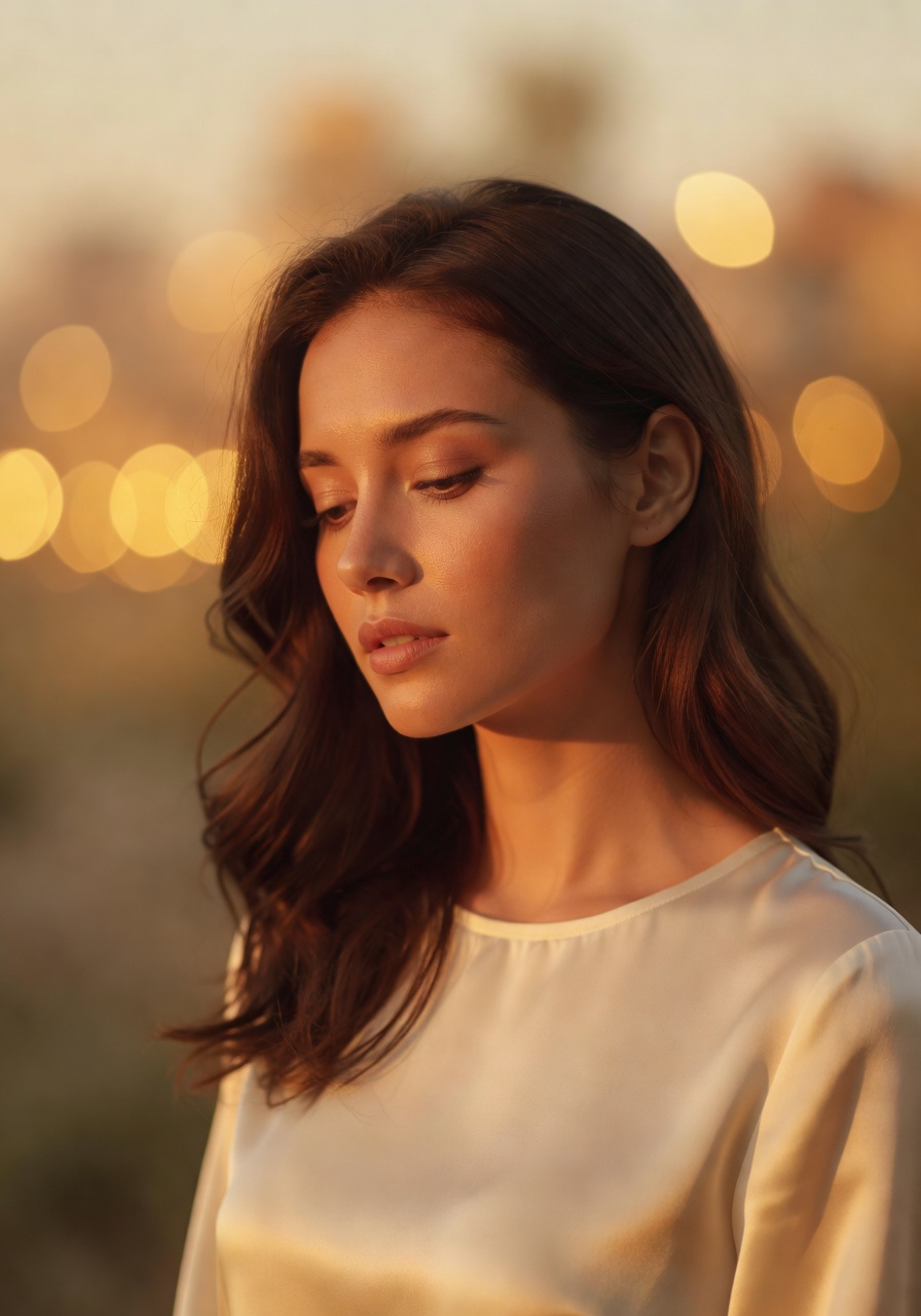 Cinematic portrait of a woman bathed in warm golden light with soft bokeh background