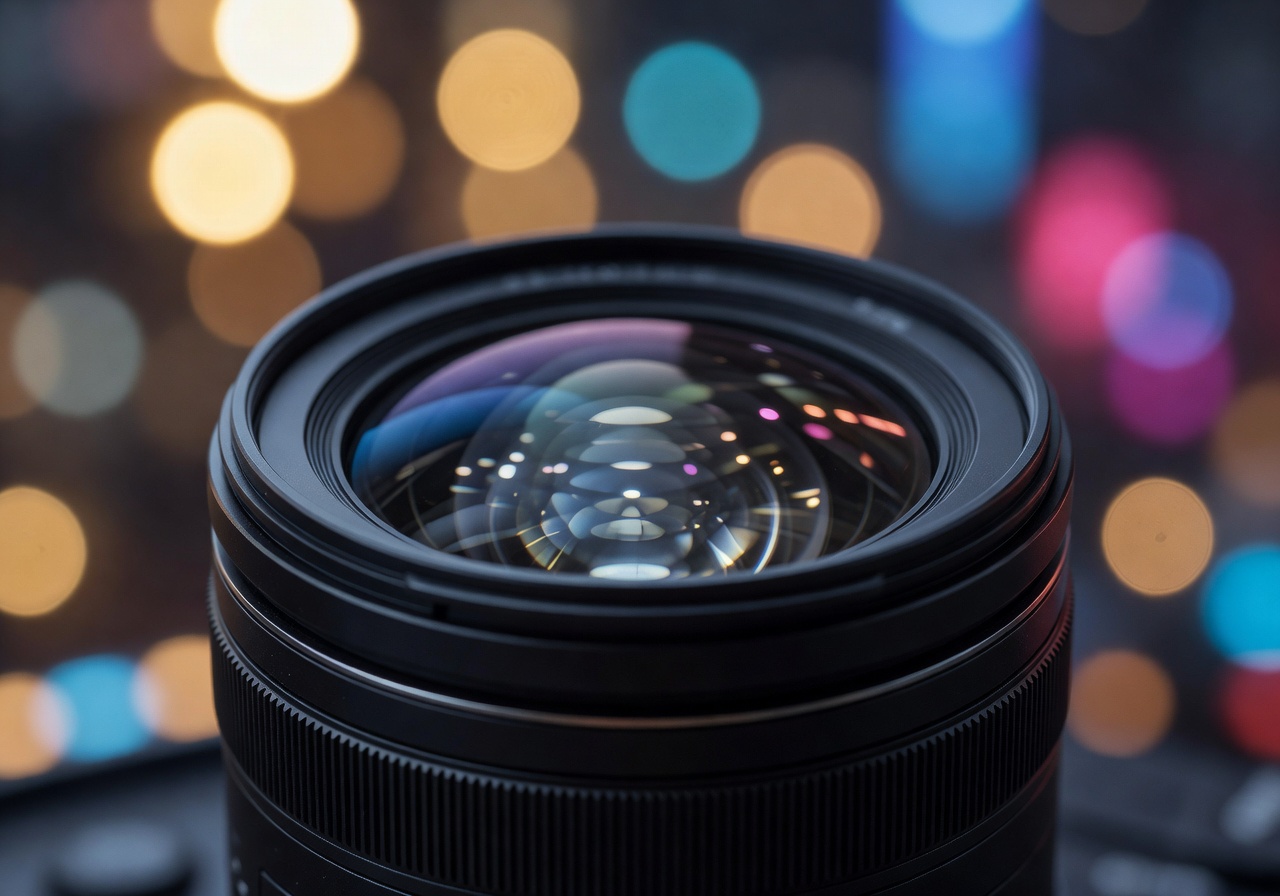 Close-up of a professional camera lens with ambient bokeh lights