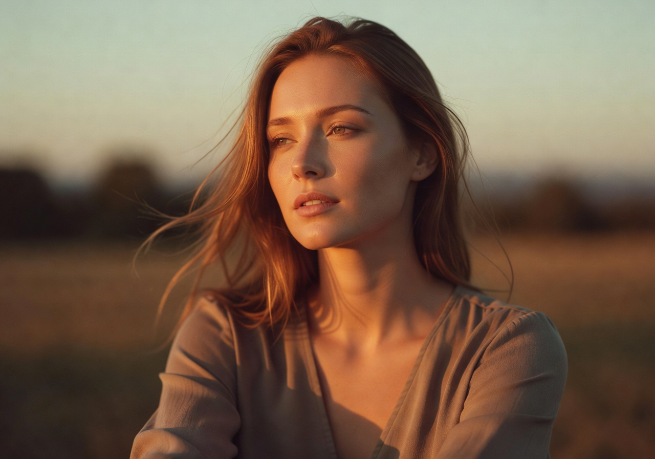 Editorial portrait of a woman in warm golden hour light with soft film grain texture