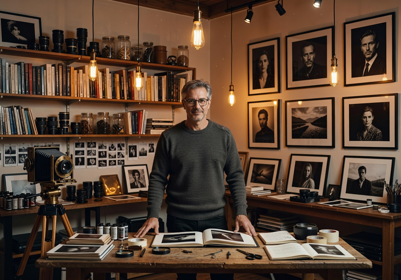 Lumiveil Studio founder and lead photographer in a warmly lit creative studio environment