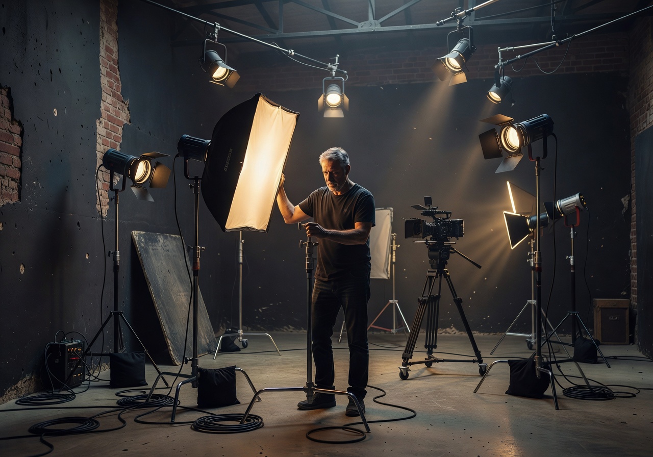 Photographer setting up a cinematic lighting arrangement in a moody studio