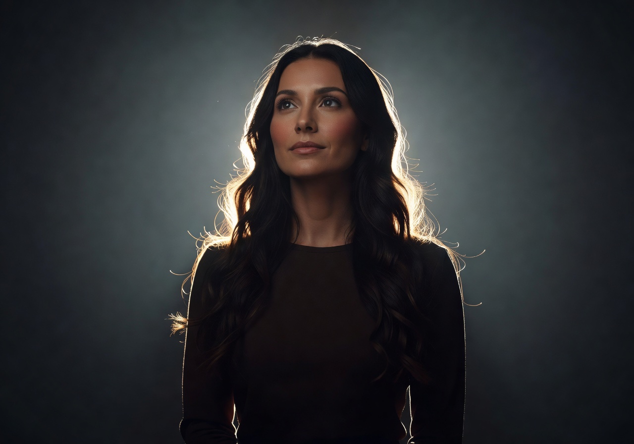 Portrait session showing a woman with dramatic backlighting creating a luminous rim light effect