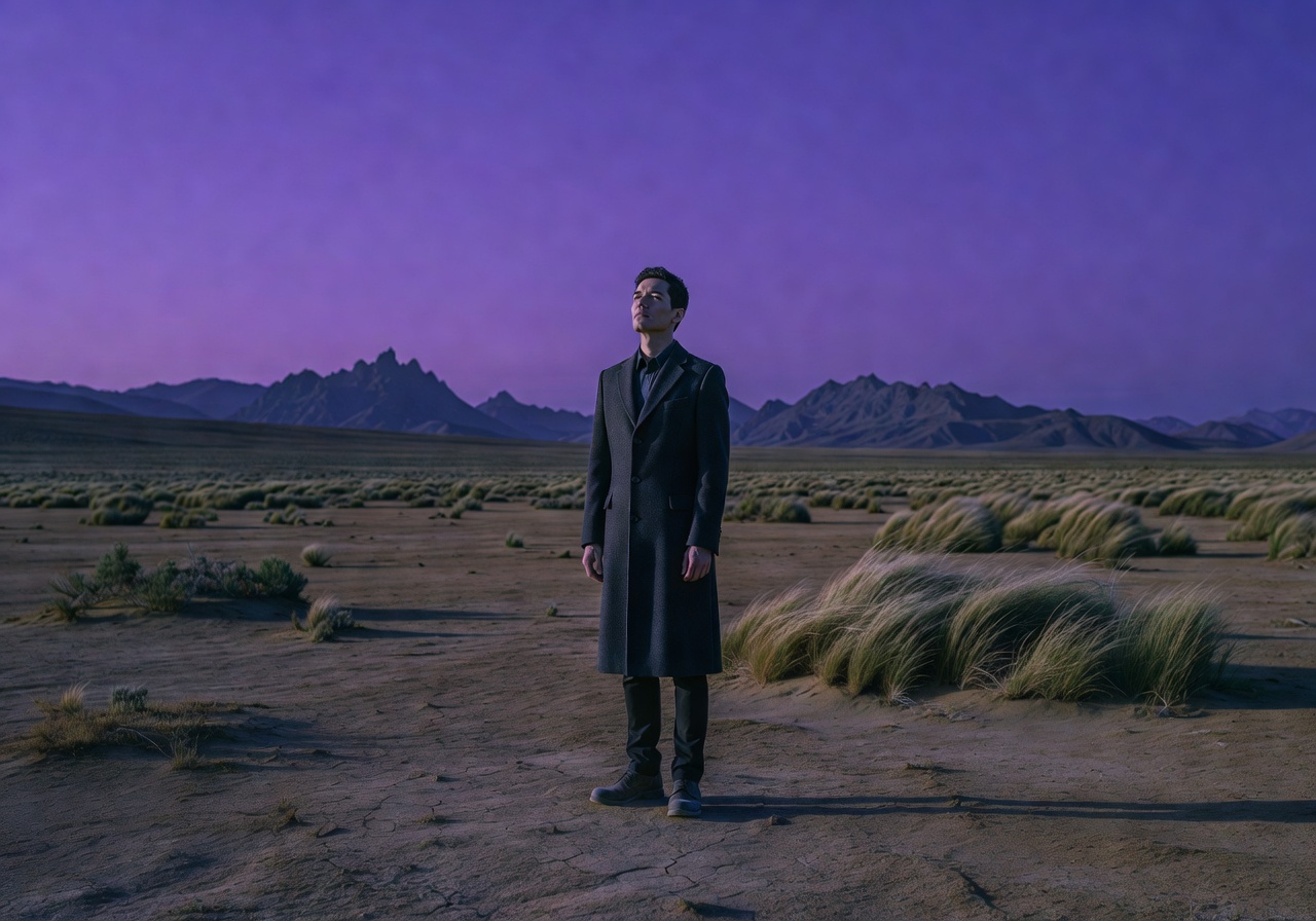 Wide editorial portrait of a subject in a cinematic outdoor environment with violet sky